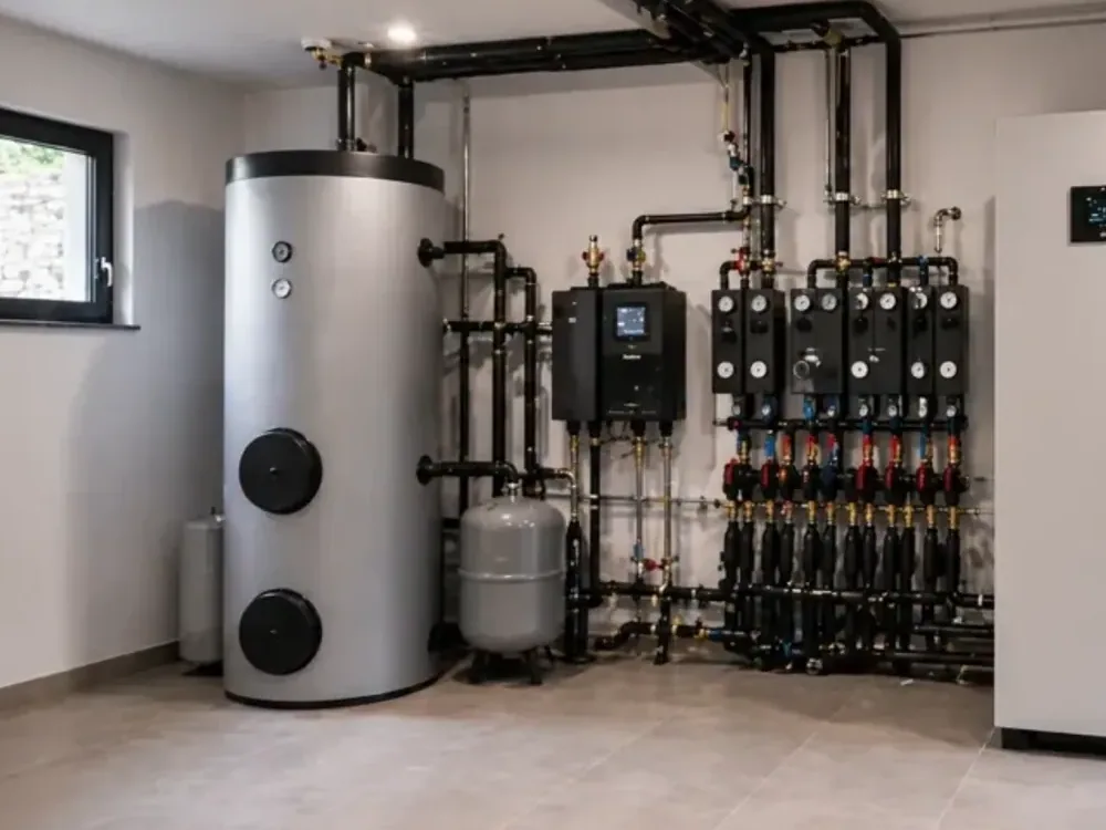Sala de máquinas con una instalación de bomba de calor recién montada, tuberías aisladas y cuadro eléctrico.