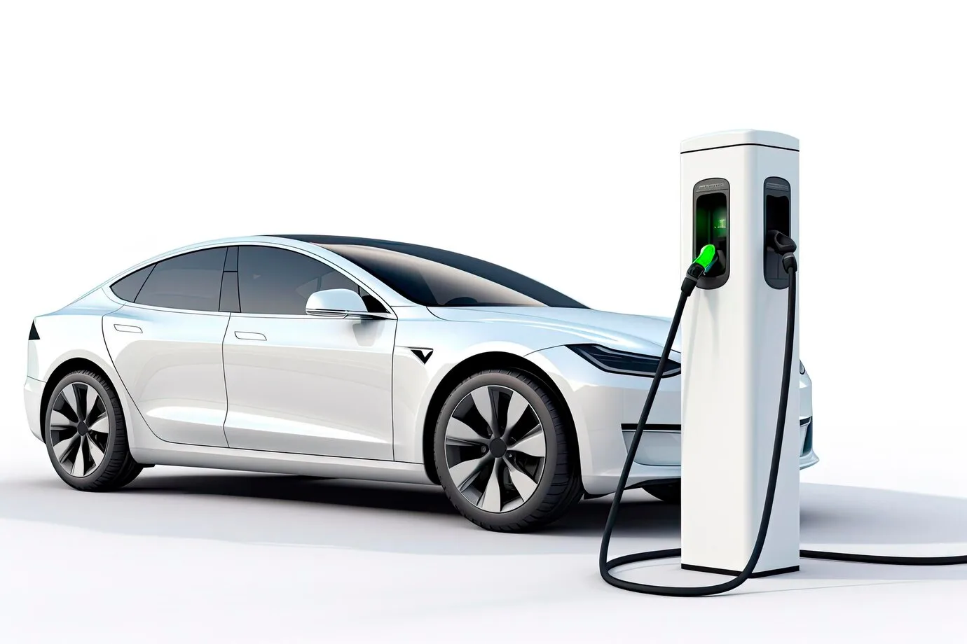 Ilustración de un coche eléctrico blanco cargando en un poste de recarga