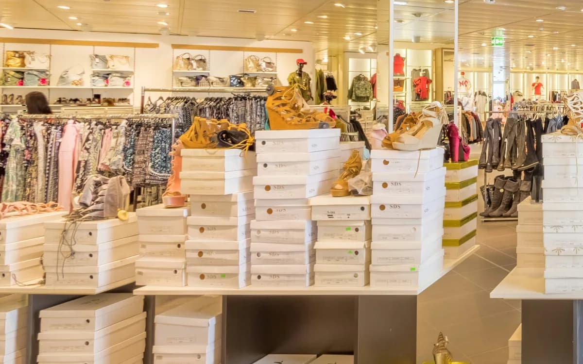 Expositores de calzado y percheros de ropa de una tienda, con los focos de techo encendidos sobre el género.