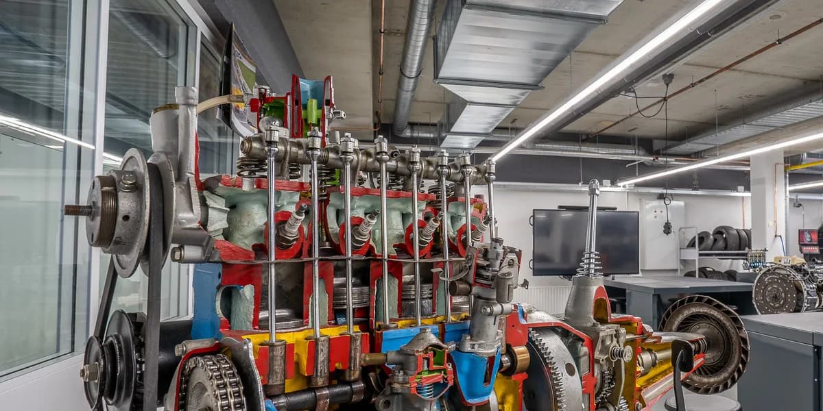 Taller mecánico con un motor seccionado en primer plano y bancos de trabajo al fondo.